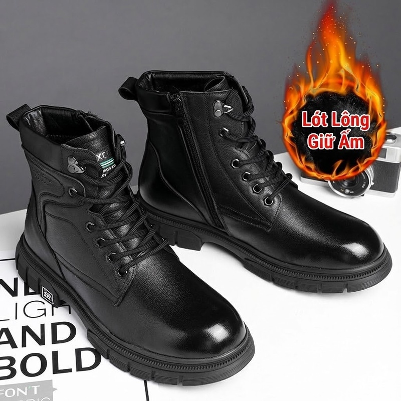 Giày Martin Nam Da Bò Phong Cách Công Sở Cao Cổ Lót Lông Chiều Cao Đế Khoảng 3cm Màu Đen