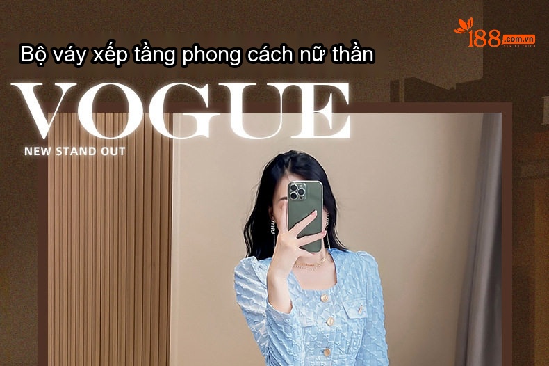 Set Áo Blazer và Chân Váy Xếp Tầng Nữ Tính Dự Tiệc Màu Xanh, Trắng chi tiết 3