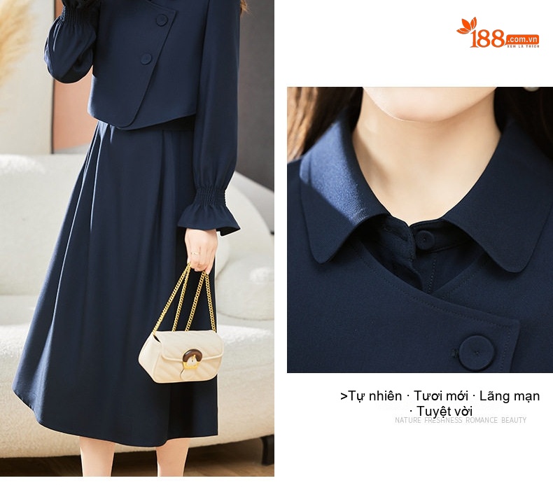 Váy Bộ Nữ Áo Vest Tay Dài Thanh Lịch Phong Cách Hàn Quốc Màu Nâu, Xanh Navy chi tiết 7