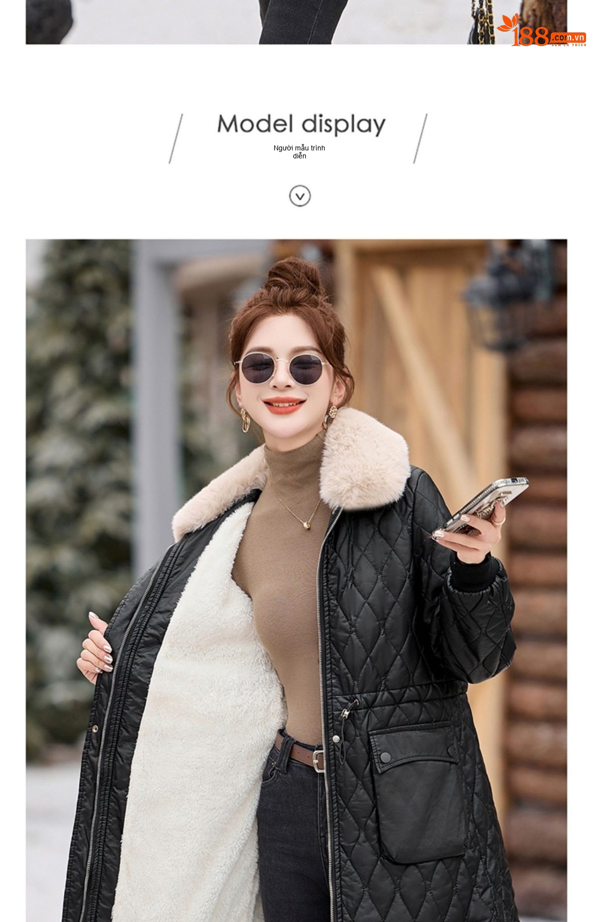 Áo Khoác Phao Nữ Dáng Dài Da PU Lót Lông Cừu Giữ Ấm Màu Nâu, Đen chi tiết 33