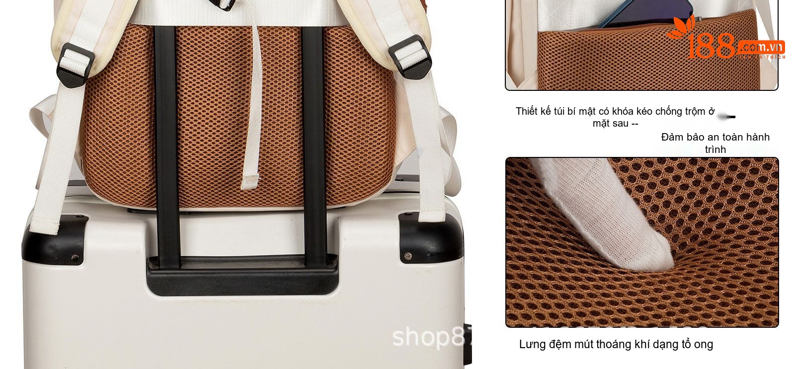 Balo Laptop Du Lịch Vải Bố Đa Năng Sức Chứa Lớn Màu Kem, Nâu chi tiết 11