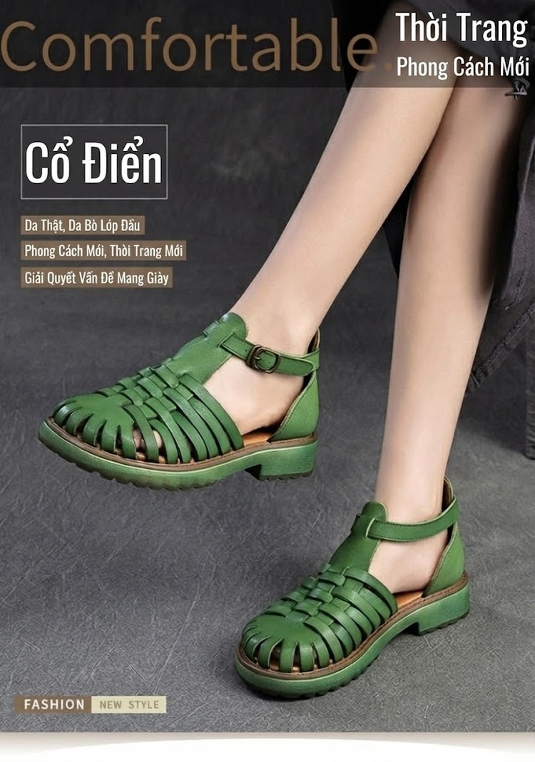 Dép Sandal Nữ Da Heo Quai Lồng Đế Cao 3cm - 4cm Màu Nâu, Xanh Lá, Trắng chi tiết 1