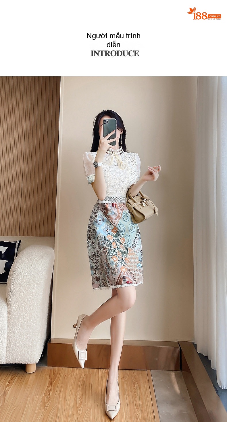 Váy liền thân Nữ Ren Pháp Tay Ngắn Dáng Ôm Body Họa Tiết Hoa Nhỏ chi tiết 10