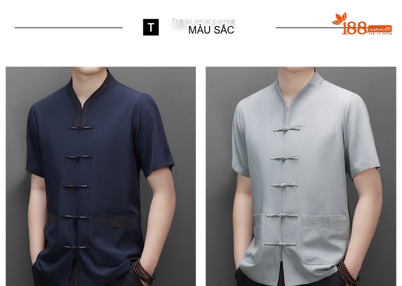 Áo Sơ Mi Tang Phục Nam Tay Ngắn Cổ Trụ Khuy Tàu Phong Cách Trung Quốc Màu Xanh Navy, Đỏ, Xám chi tiết 2