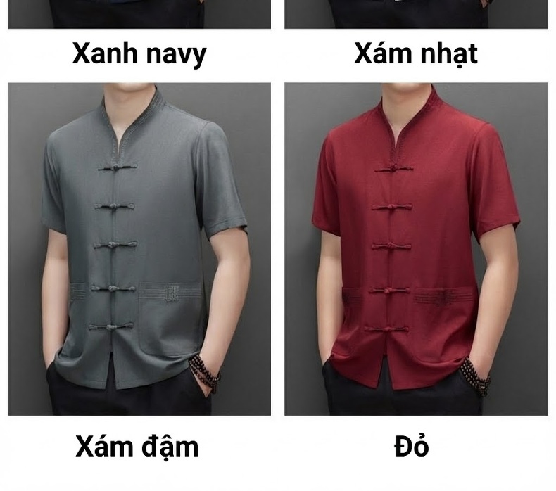 Áo Sơ Mi Tang Phục Nam Tay Ngắn Cổ Trụ Khuy Tàu Phong Cách Trung Quốc Màu Xanh Navy, Đỏ, Xám chi tiết 3