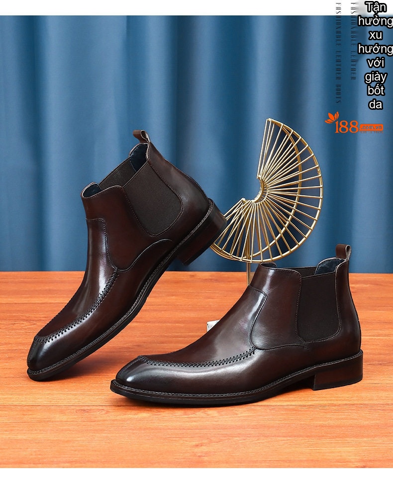 Giày Chelsea Boot Nam Da Bóng Cao Cổ Mũi Nhọn Chiều Cao Đế Khoảng 3cm Màu Đen, Nâu chi tiết 5