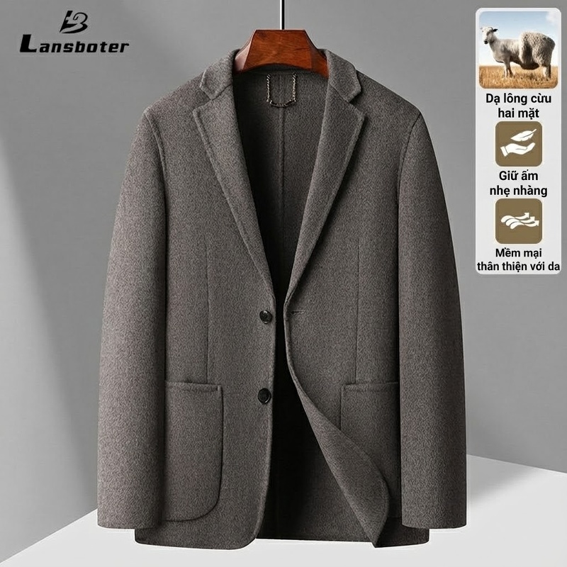 Áo Vest Nam Hai Lớp Lông Cừu Thủ Công Màu Xám, Đen