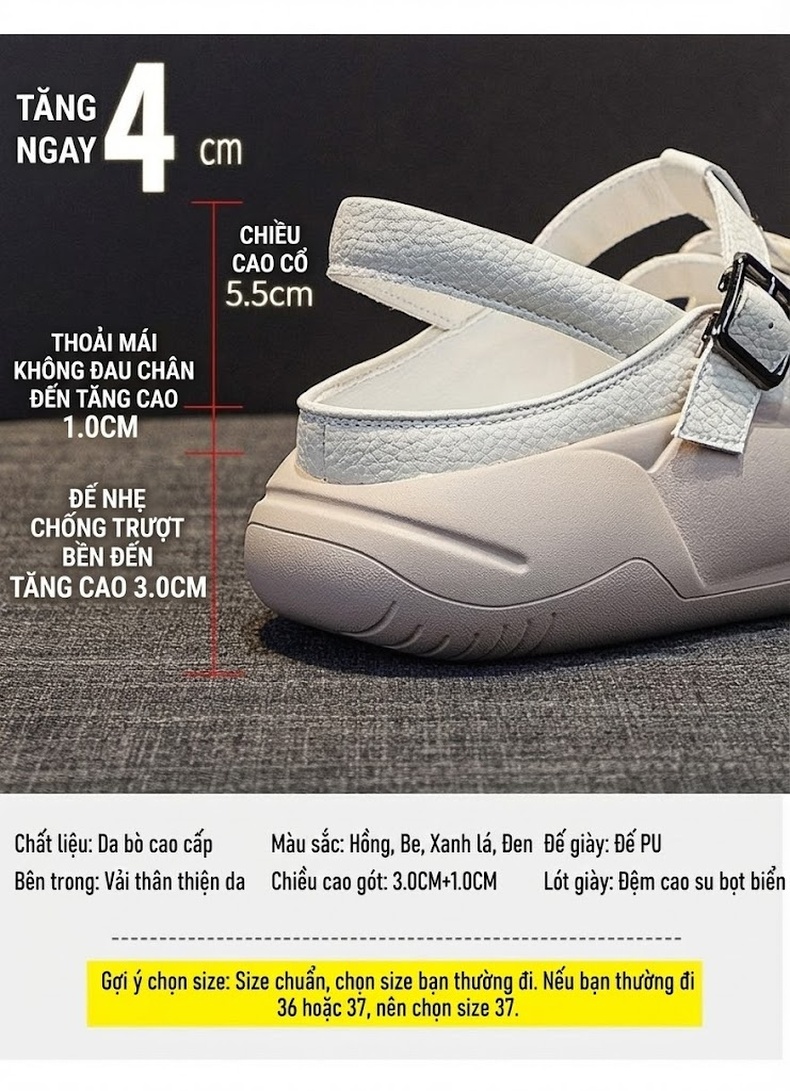 Dép Sandal Nữ Bít Mũi Da Mềm Đế Mềm Cho Bà Bầu Đế Cao 3cm - 4cm Màu Trắng, Xanh, Hồng, Đen chi tiết 5