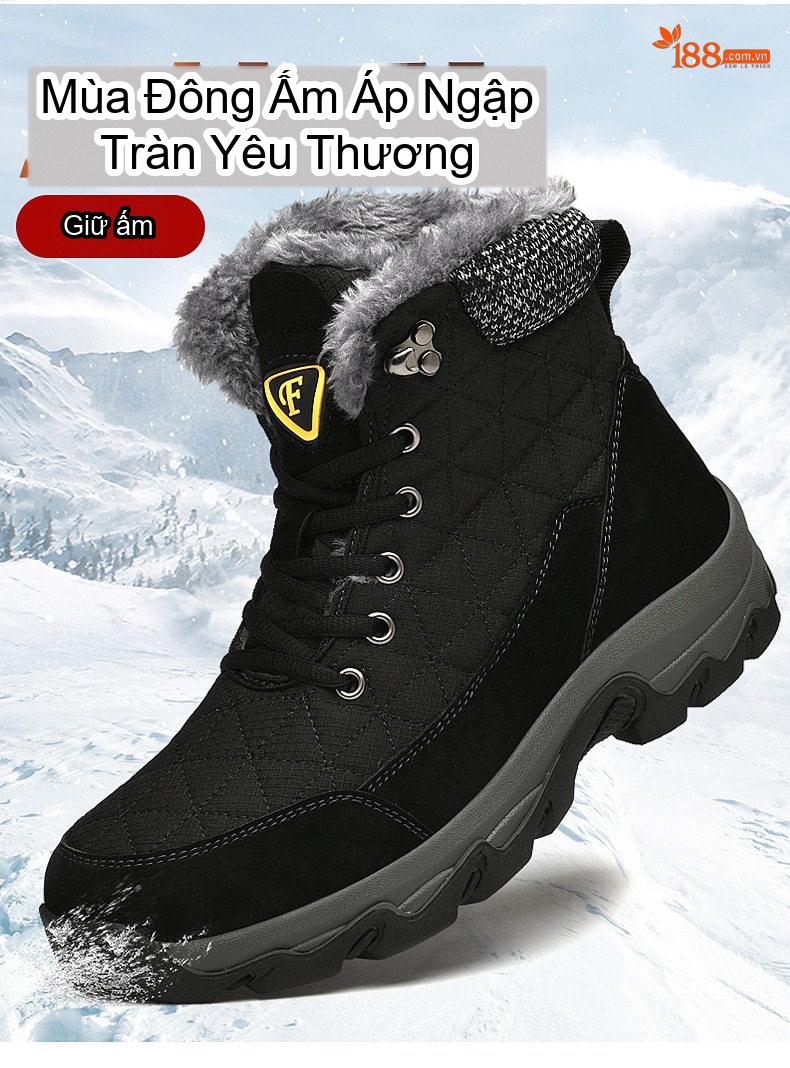 Giày Boot Nam Cổ Cao Lót Lông Đi Tuyết Chống Trượt Chiều Cao Đế Khoảng 4cm Màu Đen, Xám chi tiết 2