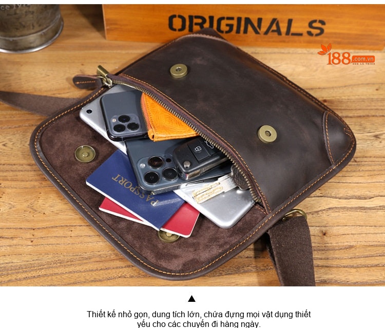 Túi Đeo Ngực/Đeo Chéo Nam Da Thật Phong Cách Casual Đựng Điện Thoại Mini Màu Nâu Đậm chi tiết 16