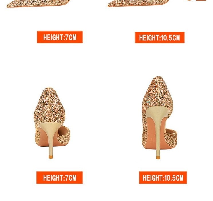 Giày Cao Gót Nữ Hở Bên Hông Chiều Cao Đế Khoảng 7cm Đính Kim Sa Lấp Lánh Màu Vàng Đồng, Bạc, Đen, Xanh Dương... chi tiết 2