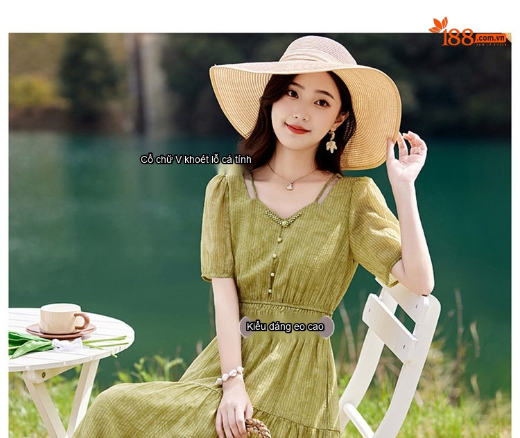 Váy Midi Nữ Tay Ngắn Thiết Kế Thanh Lịch Thoáng Mát Màu Be, Xanh Lá chi tiết 4