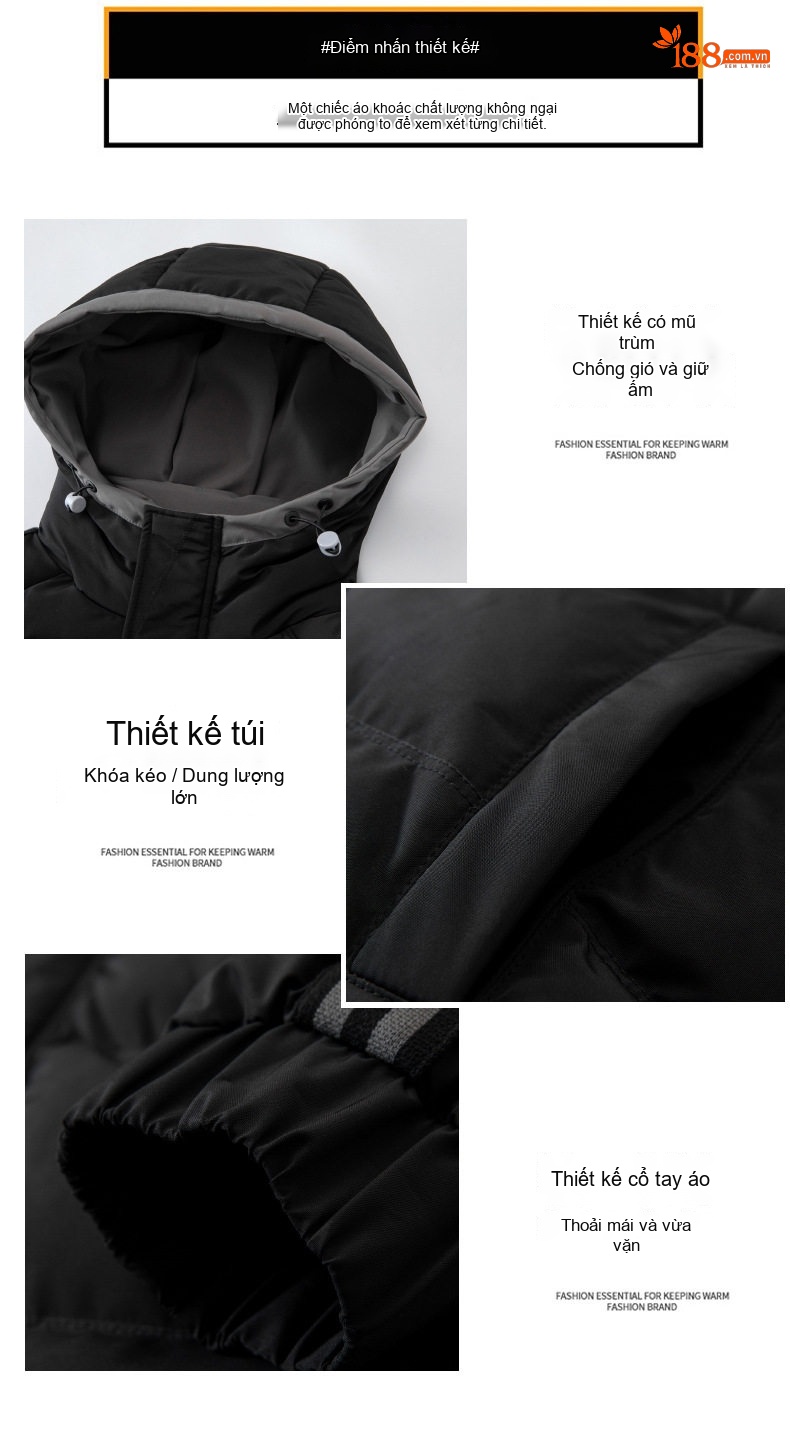 Áo Khoác Cotton Nam Dáng Rộng Có Mũ Trùm Đầu Dày Dặn Phong Cách Đường Phố Màu Đen, Xám, Kem... chi tiết 9