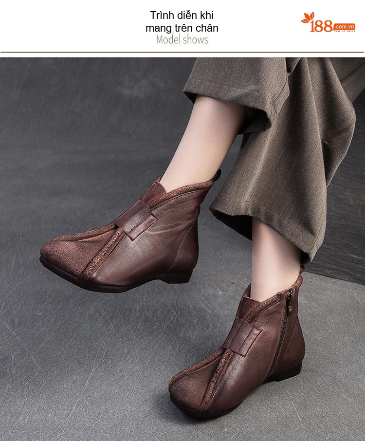 Boot Nữ Cổ Ngắn Da Mờ Phong Cách Retro Chiều Cao Đế Khoảng 1cm Màu Nâu, Vàng chi tiết 7