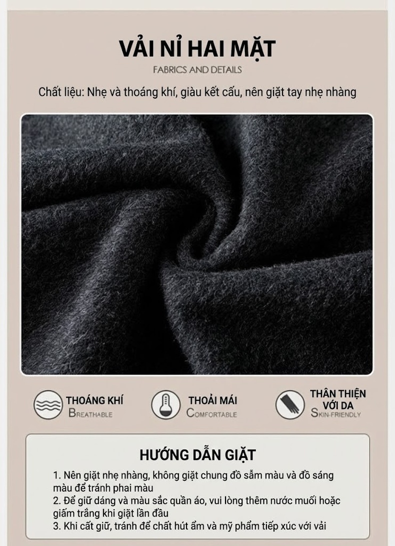 Áo Khoác Nữ Dáng Rộng Vừa Len Hai Mặt Phong Cách Hàn Quốc Có Mũ Trẻ Trung Màu Nâu, Đen, Kem chi tiết 13