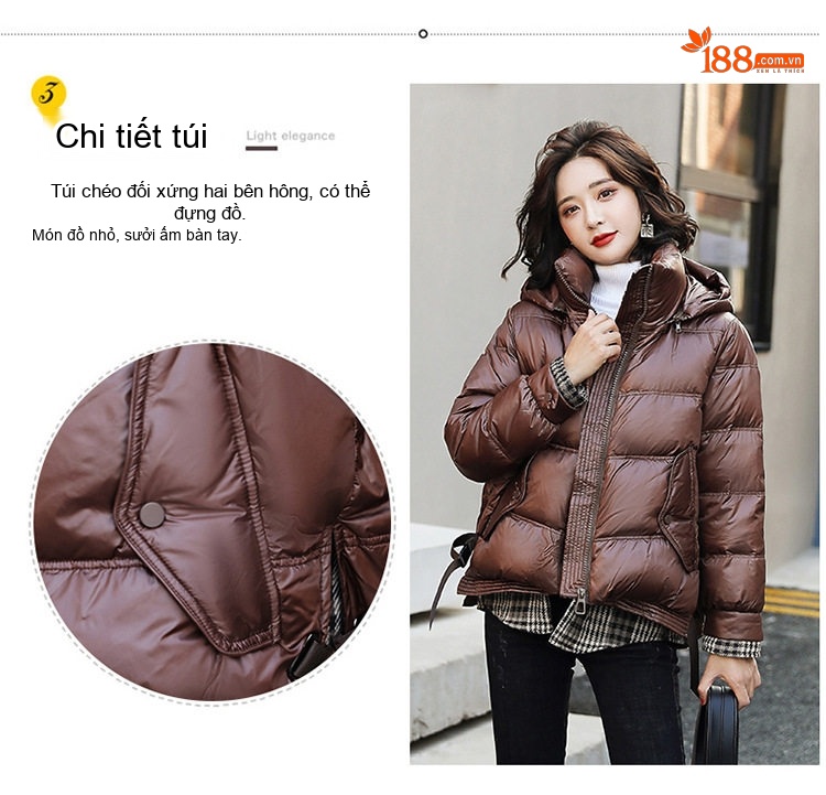Áo Khoác Phao Nữ Ngắn Tay Dáng Hàn Quốc Thời Trang Màu Nâu, Đen chi tiết 7