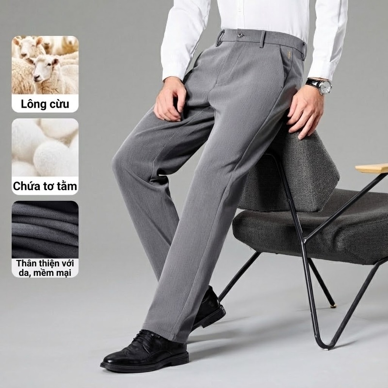 Quần Tây Nam Ống Đứng Rộng Vừa Vải Pha Len và Tơ Tằm Cao Cấp Màu Đen, Xám