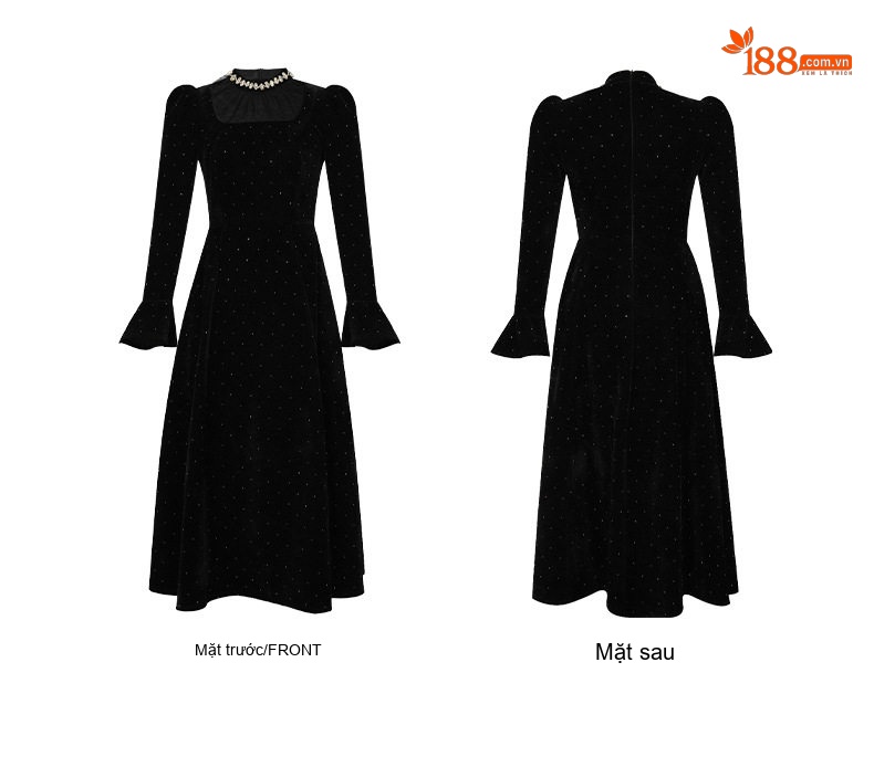Váy Đầm Midi Nữ Tay Dài Cổ Tròn Thu Đông Phong Cách Pháp Chất Liệu Nhung Màu Đen chi tiết 5