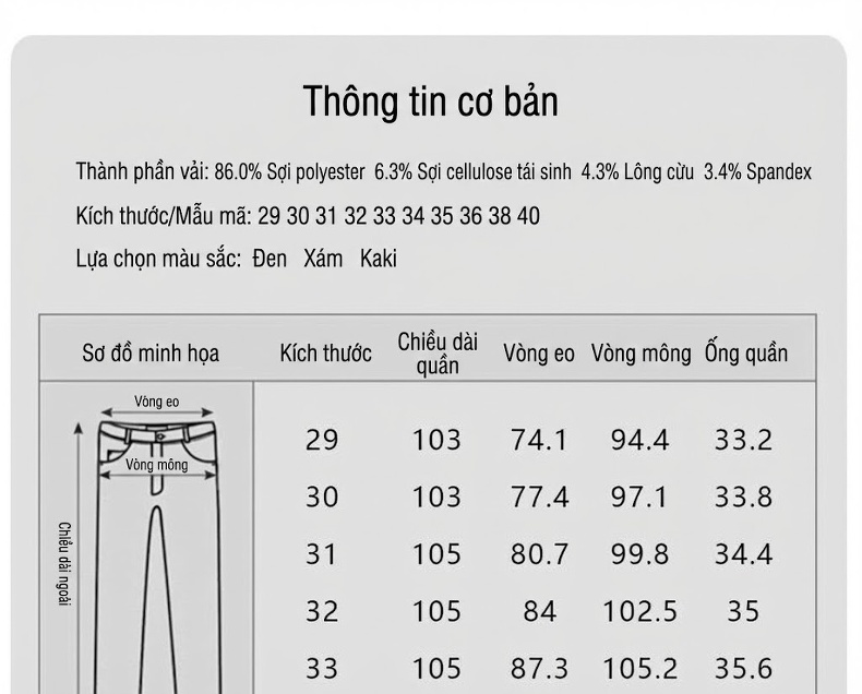 Quần Tây Nam Dáng Thẳng Dài Vải Pha Len Cao Cấp Chống Nhăn Màu Đen, Xám, Be chi tiết 6