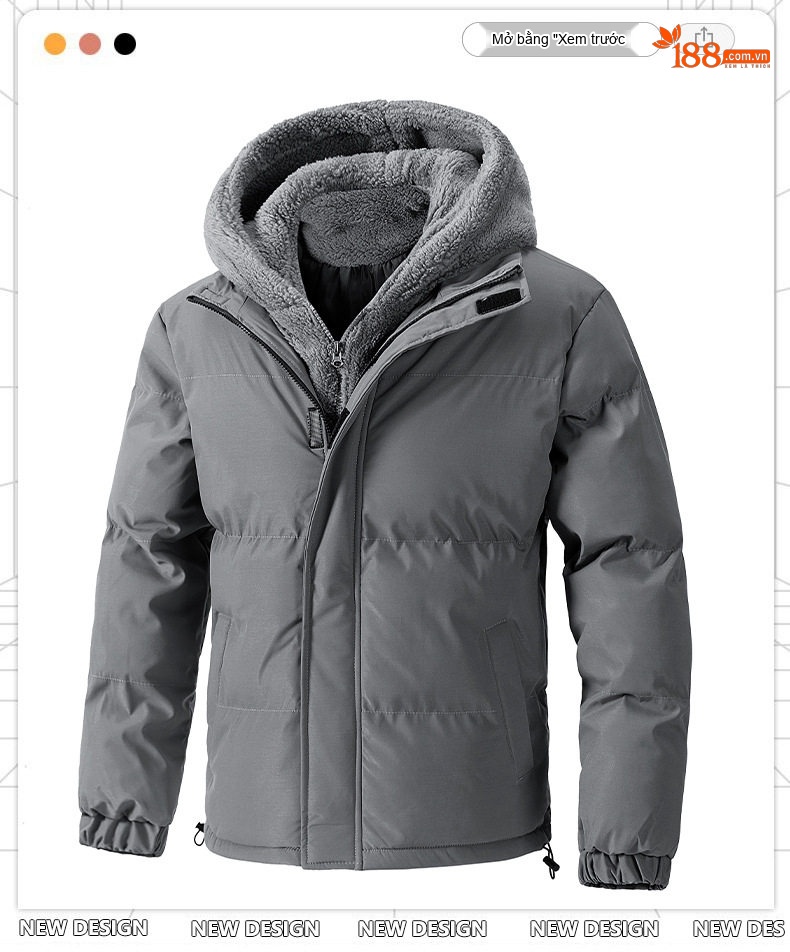 Áo Khoác Cotton Nam Mùa Đông Dáng Rộng Lông Cừu Non Dày Dặn Ngắn Tay Có Mũ Phong Cách Hàn Quốc Màu Be, Đen chi tiết 2