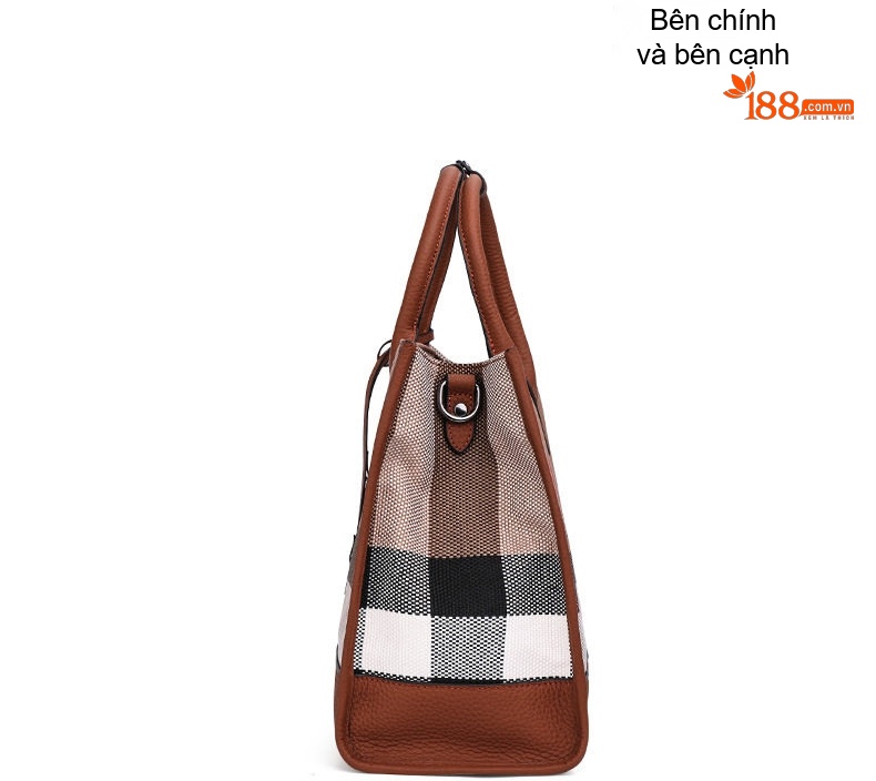 Túi Tote Nữ Vải Canvas Họa Tiết Kẻ Ô Cao Cấp Phối Da Màu Nâu chi tiết 12