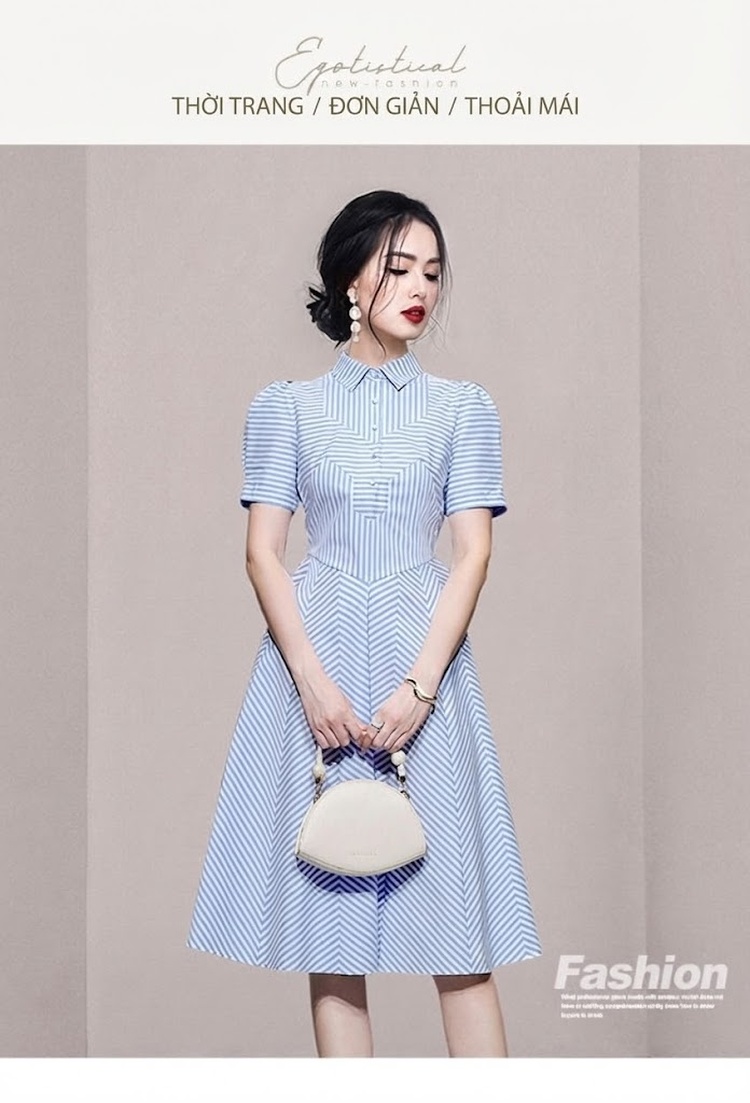 Váy Suông Nữ Cổ Bẻ Tay Ngắn Bo Chun Eo Thiết Kế Kẻ Sọc Chữ A Màu Xanh chi tiết 1