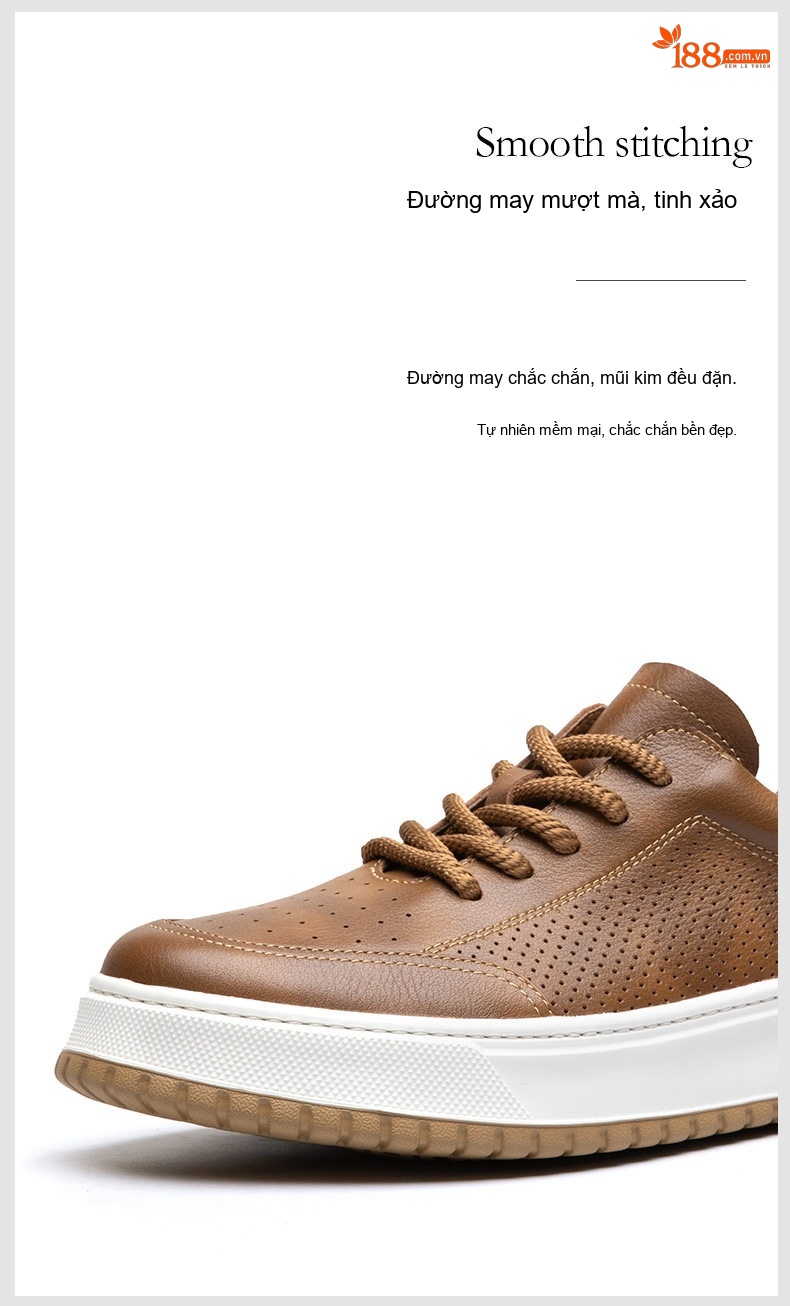 Giày Sneaker Nam Da Thật Thoáng Khí Chiều Cao Đế Khoảng 3.5cm Màu Trắng, Đen, Nâu chi tiết 12