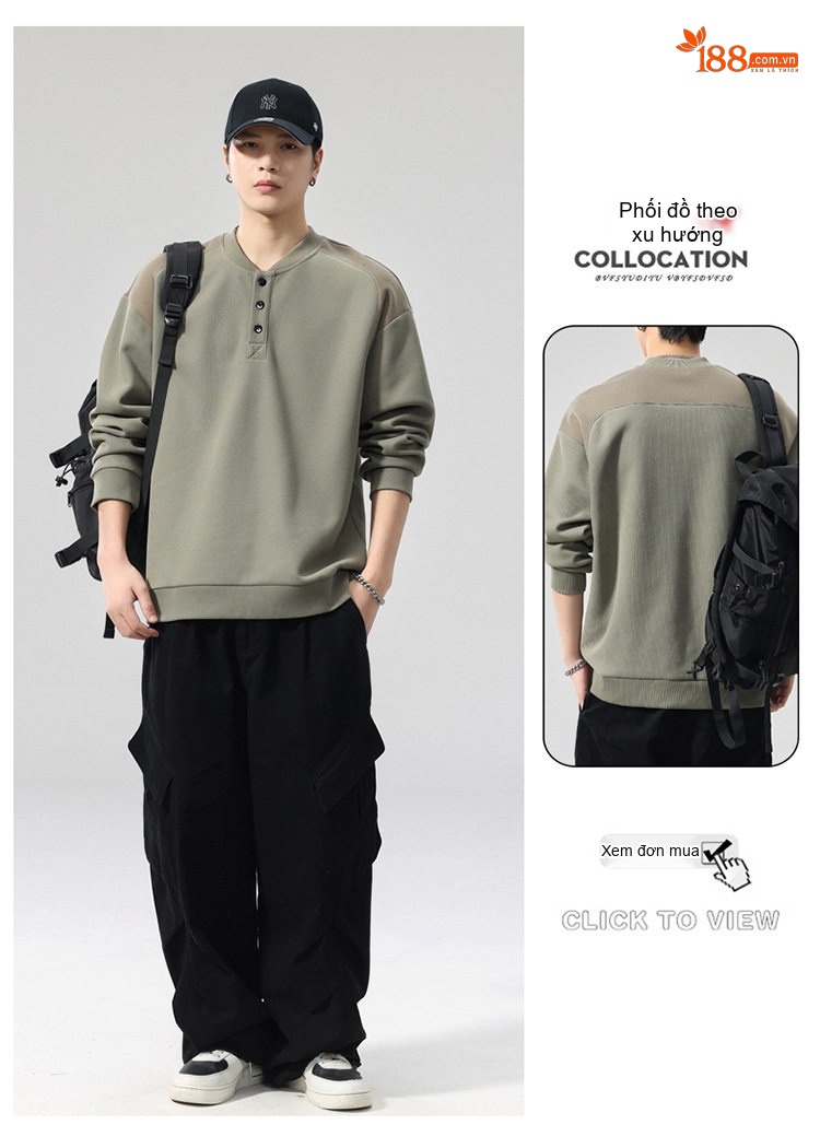 Áo Sweatshirt Tay Dài Cổ Henley Phong Cách Retro Mỹ Form Rộng Màu Đen, Xanh Olive, Đỏ Tía chi tiết 13