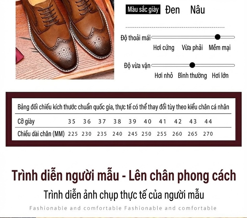 Giày Tây Brogue Buộc Dây Nam Da Bò Chiều Cao Đế Khoảng 3cm Màu Nâu chi tiết 9