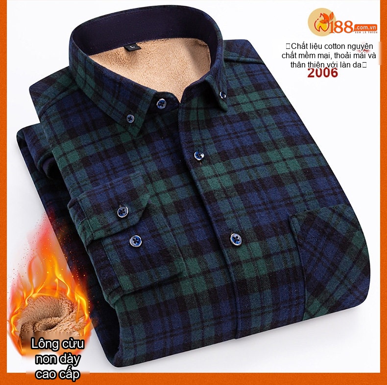 Áo Sơ Mi Nam Ca Rô Lông Cừu Non Cotton Dày Dặn Giữ Ấm Màu Đen, Đỏ, Xanh Dương, Xanh Lá... chi tiết 33
