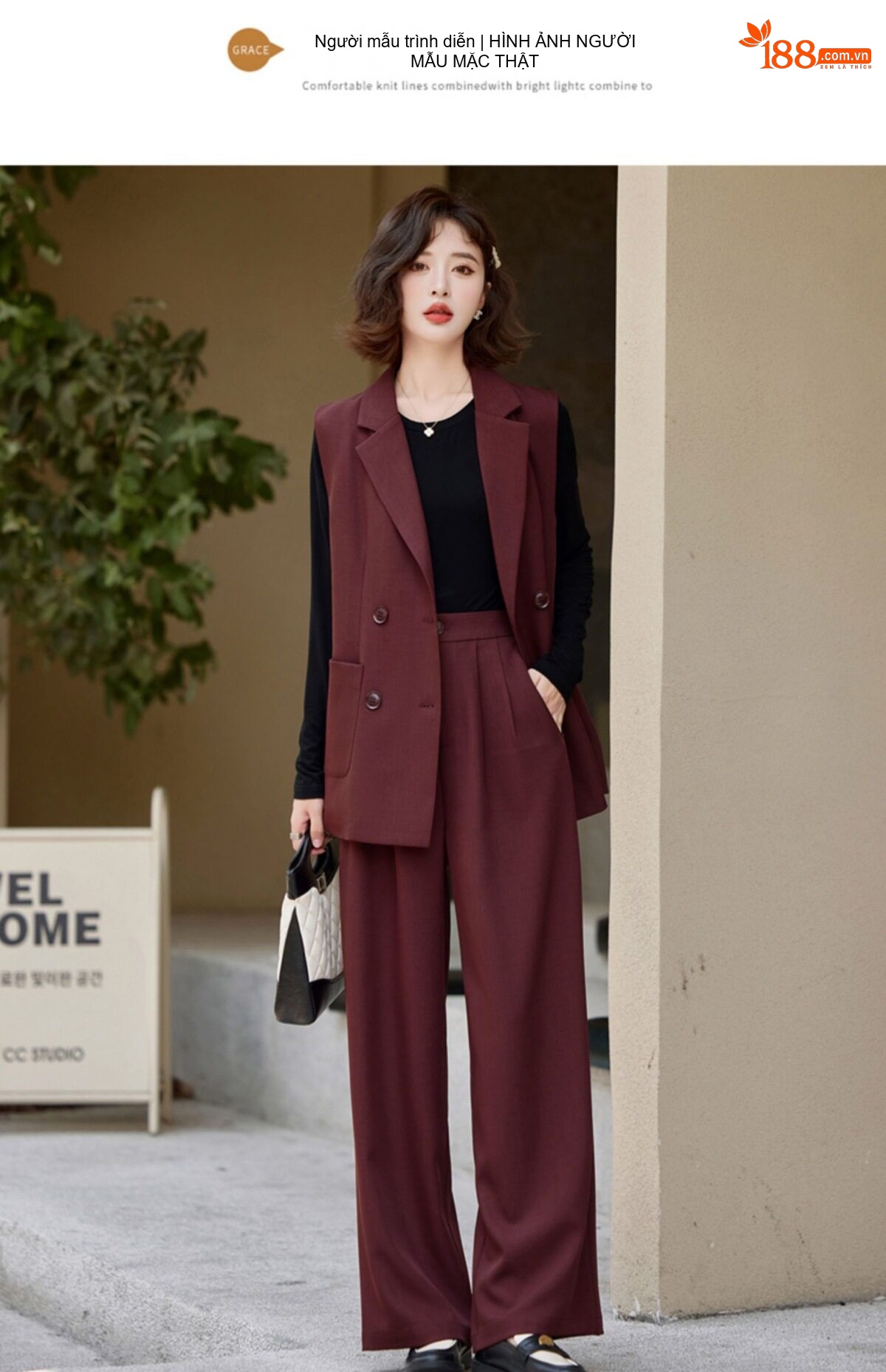 Bộ Vest Nữ Công Sở Áo Gile Quần Ống Rộng Thời Trang Màu Đen, Nâu chi tiết 18
