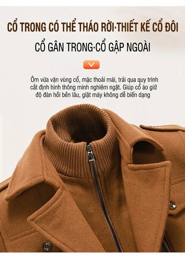 Áo Khoác Dạ Nam Lông Cừu Hai Cổ Áo Dáng Ôm Chống Lạnh Màu Đen, Nâu, Xám, Xanh Navy chi tiết 8