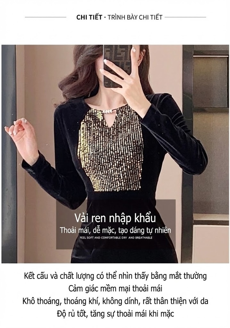 Váy liền thân Nữ Kim Tuyến Nhung Pháp Ôm Dáng Xẻ Tà Màu Đen chi tiết 3