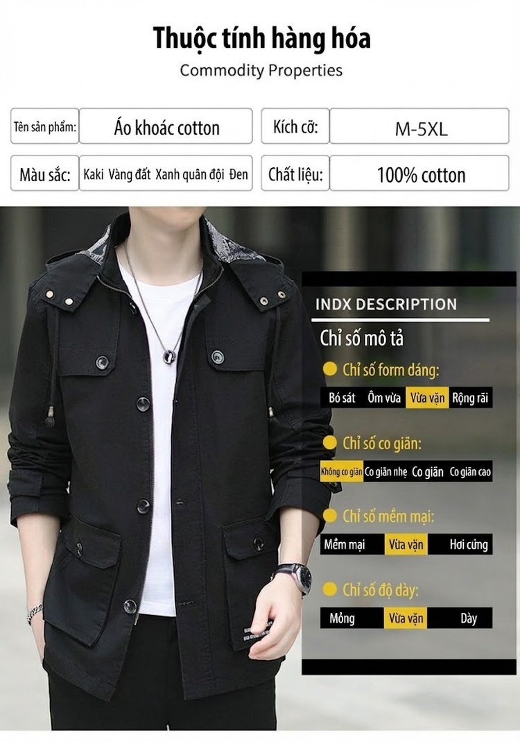 Áo Khoác Gió Nam Cotton Dáng Suông Trung Dài Có Mũ Màu Be, Đen, Nâu, Xanh chi tiết 6