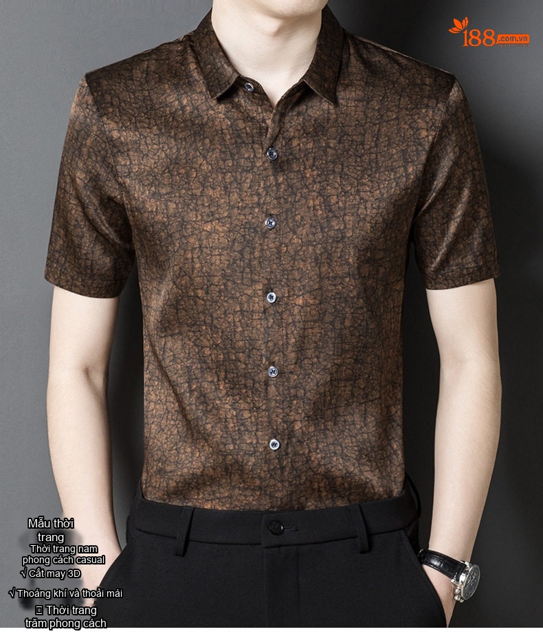 Áo Sơ Mi Nam Tay Ngắn Lụa Tơ Tằm Hương Vân Sa Trung Niên Phong Cách Casual Màu Đỏ Rượu, Đen, Nâu chi tiết 2