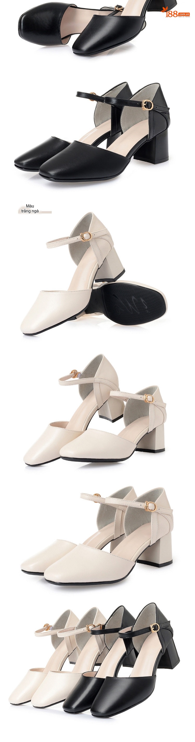 Giày Sandal Cao Gót Nữ Da Mềm Mũi Tròn Quai Chữ T Gót Cao 7cm - 8cm Màu Trắng, Đen chi tiết 6