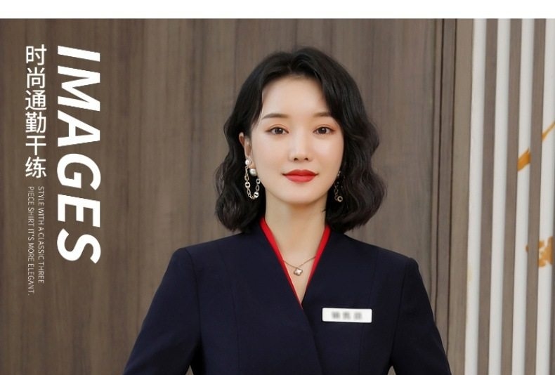 Set Bộ Vest Công Sở Nữ Tay Dài Cổ chữ V Màu Xanh Navy Phối Đỏ chi tiết 3