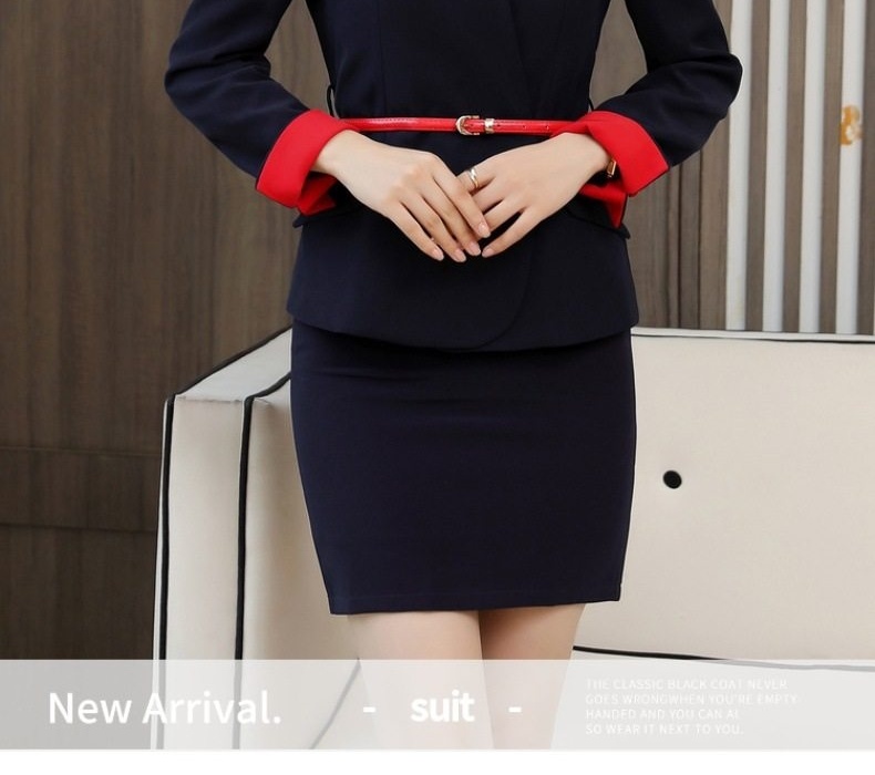 Set Bộ Vest Công Sở Nữ Tay Dài Cổ chữ V Màu Xanh Navy Phối Đỏ chi tiết 4