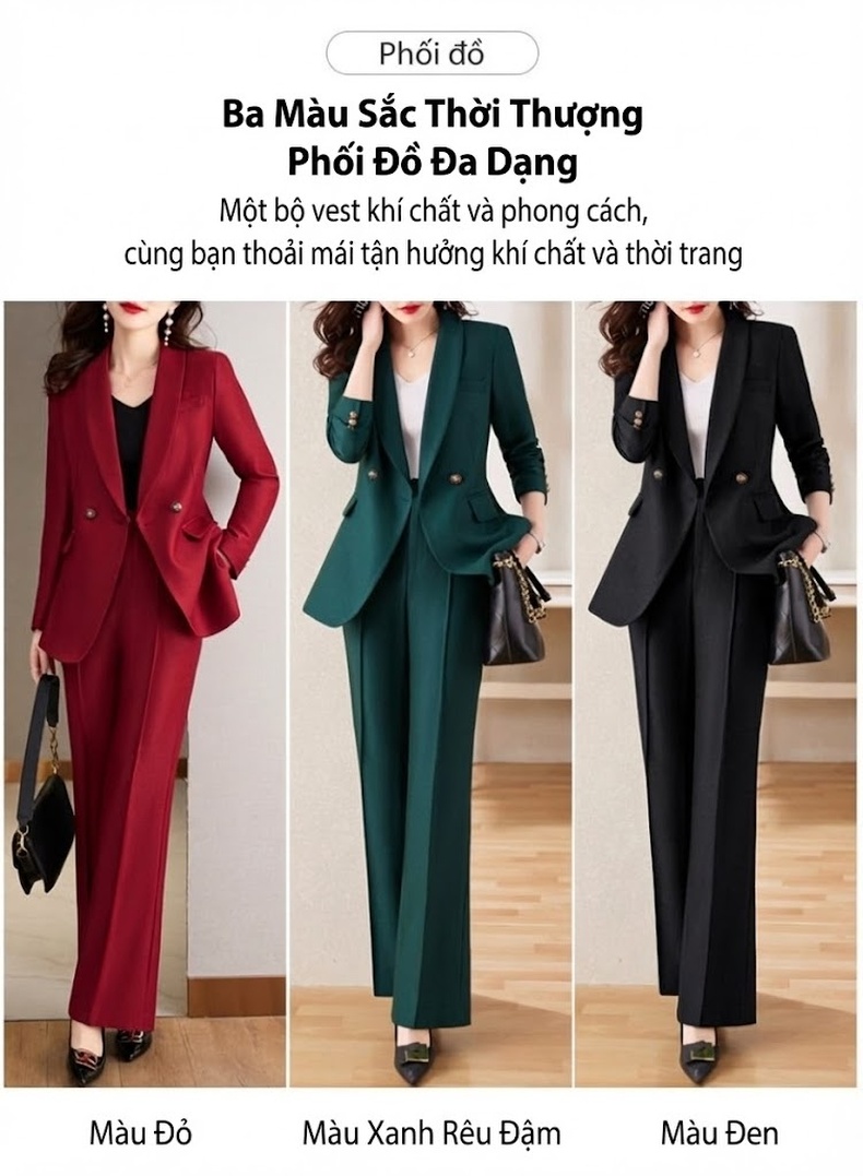 Set Bộ Vest Nữ Quần Ống Rộng Dáng Ôm Thanh Lịch Màu Đỏ, Xanh Lá, Đen chi tiết 2