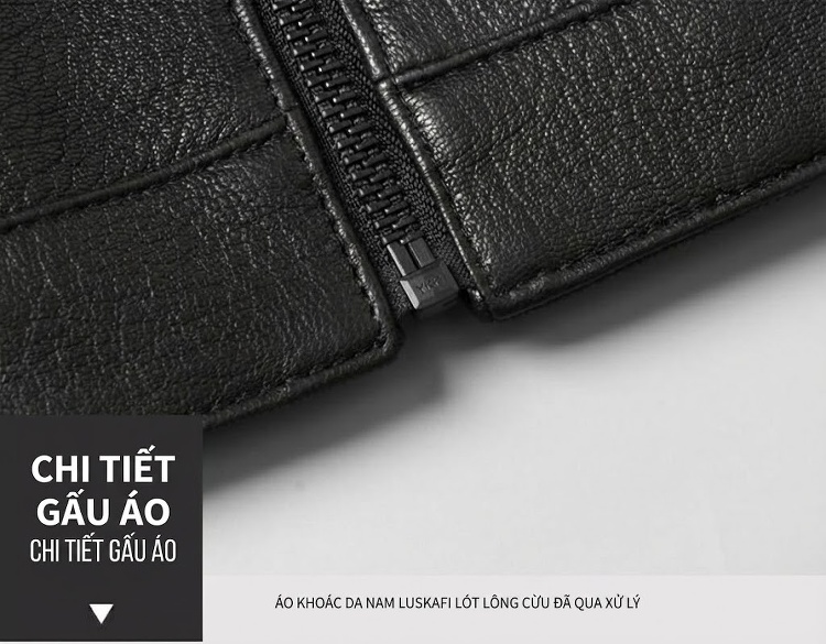 Áo Khoác Da Thật Nam Cổ Trụ Dáng Ôm Vừa Vặn Màu Đen chi tiết 12