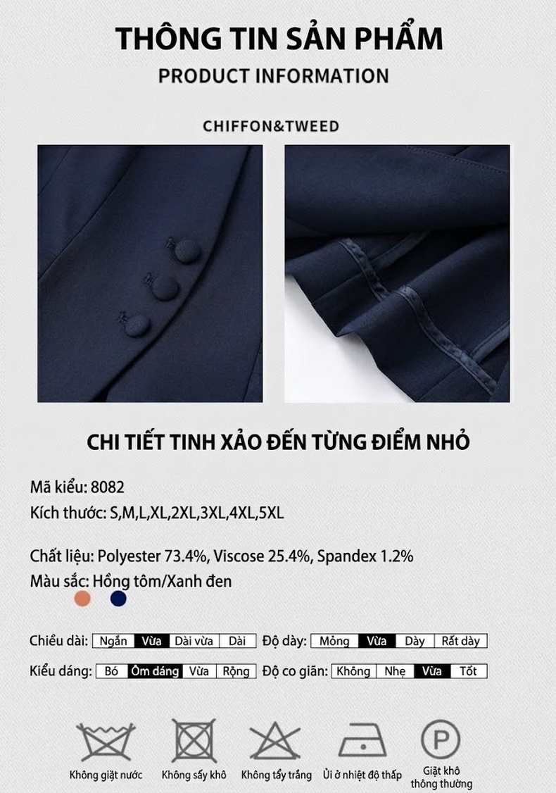 Bộ Vest Công Sở Nữ Tay Ngắn Cao Cấp, Sang Trọng Màu Xám, Xanh Navy chi tiết 3