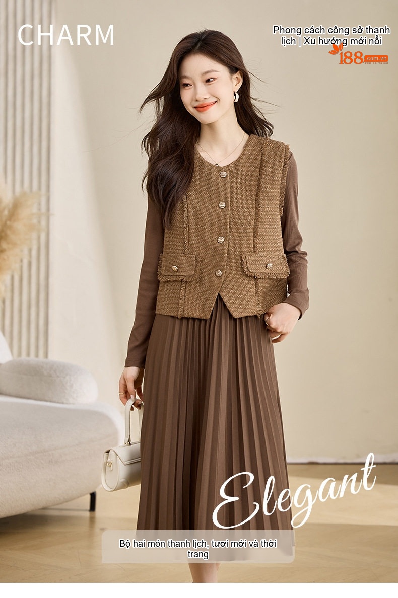 Set Áo Gile và Váy Xòe Dáng Dài Phong Cách Tiểu Thư Màu Nâu, Đen chi tiết 1
