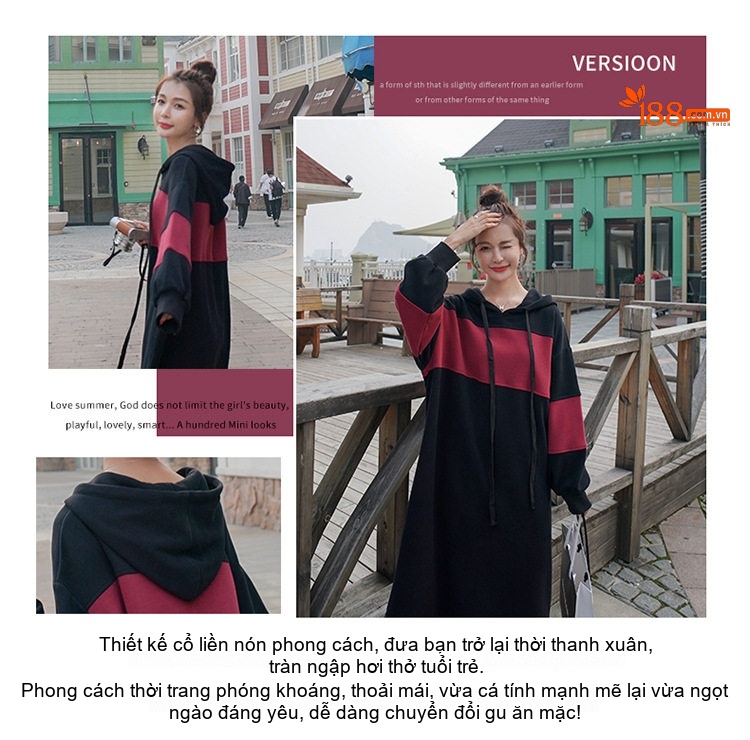 Váy Thun Dáng Dài Nữ Mùa Thu Phong Cách Hàn Quốc Dáng Rộng Thiết Kế Liền Thân Phối Màu Có Mũ Trùm Đầu Màu Đen, Đỏ chi tiết 2