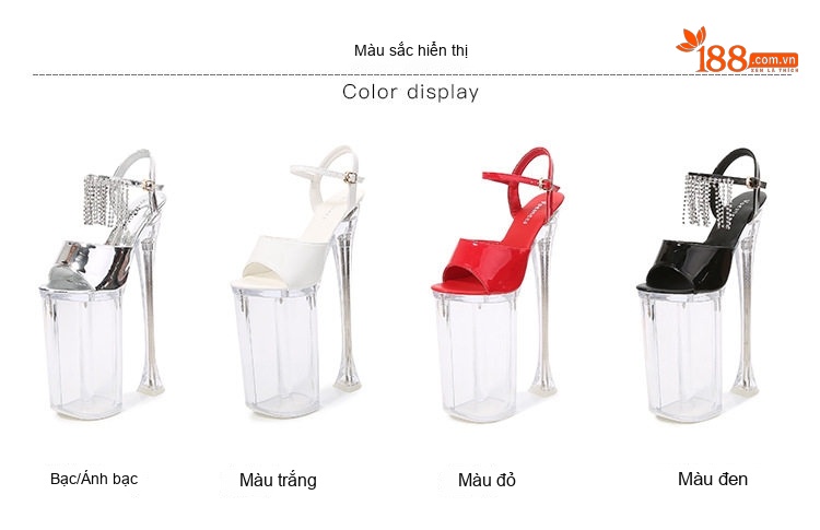 Giày Sandal Cao Gót Nữ Hở Ngón Quai Mảnh Đính Đá Gót Cao 10cm - 12cm Màu Đen, Đỏ, Trắng, Bạc... chi tiết 3