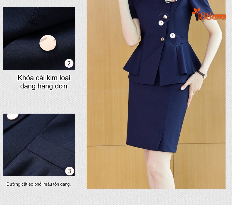 Bộ Vest Công Sở Nữ Tay Ngắn Thiết Kế Thanh Lịch Màu Xanh, Xám chi tiết 10