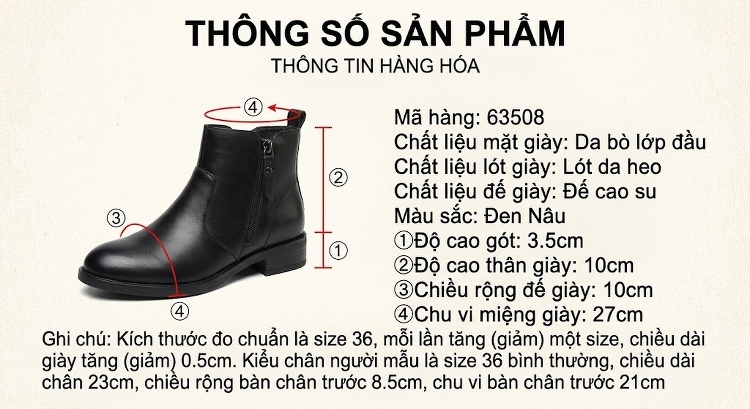 Boot Nữ Cao Cổ Da Bò Đế Bằng Chiều Cao Đế Khoảng 3cm Màu Đen, Nâu chi tiết 2