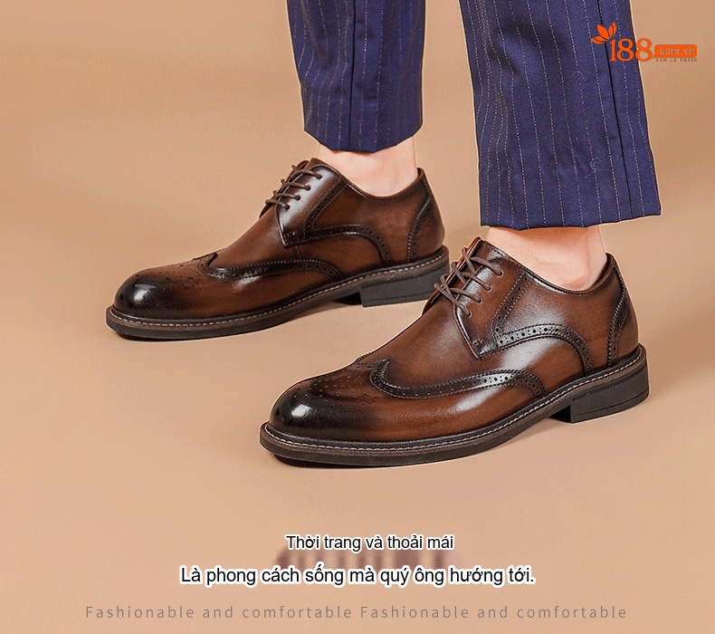 Giày Tây Buộc Dây Nam Da Thật Mũi Brogue Chiều Cao Đế Khoảng 3cm Màu Nâu chi tiết 2