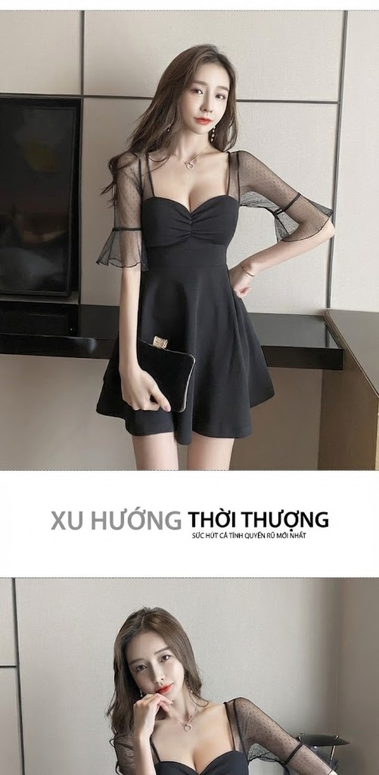 Váy Ngắn Hở Lưng Cổ chữ V Chữ A Tay Lỡ Xòe Bèo Nhún Dự Tiệc Màu Đen chi tiết 1