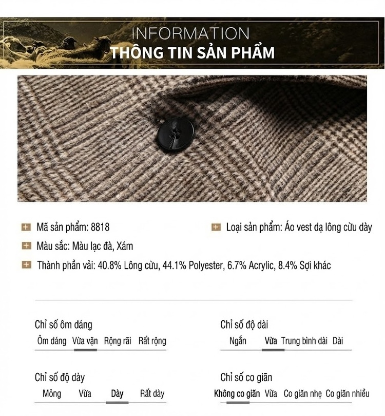 Áo Vest Nam Lông Cừu Kẻ Ô Kiểu Âu Thu Đông Màu Nâu, Xám chi tiết 29