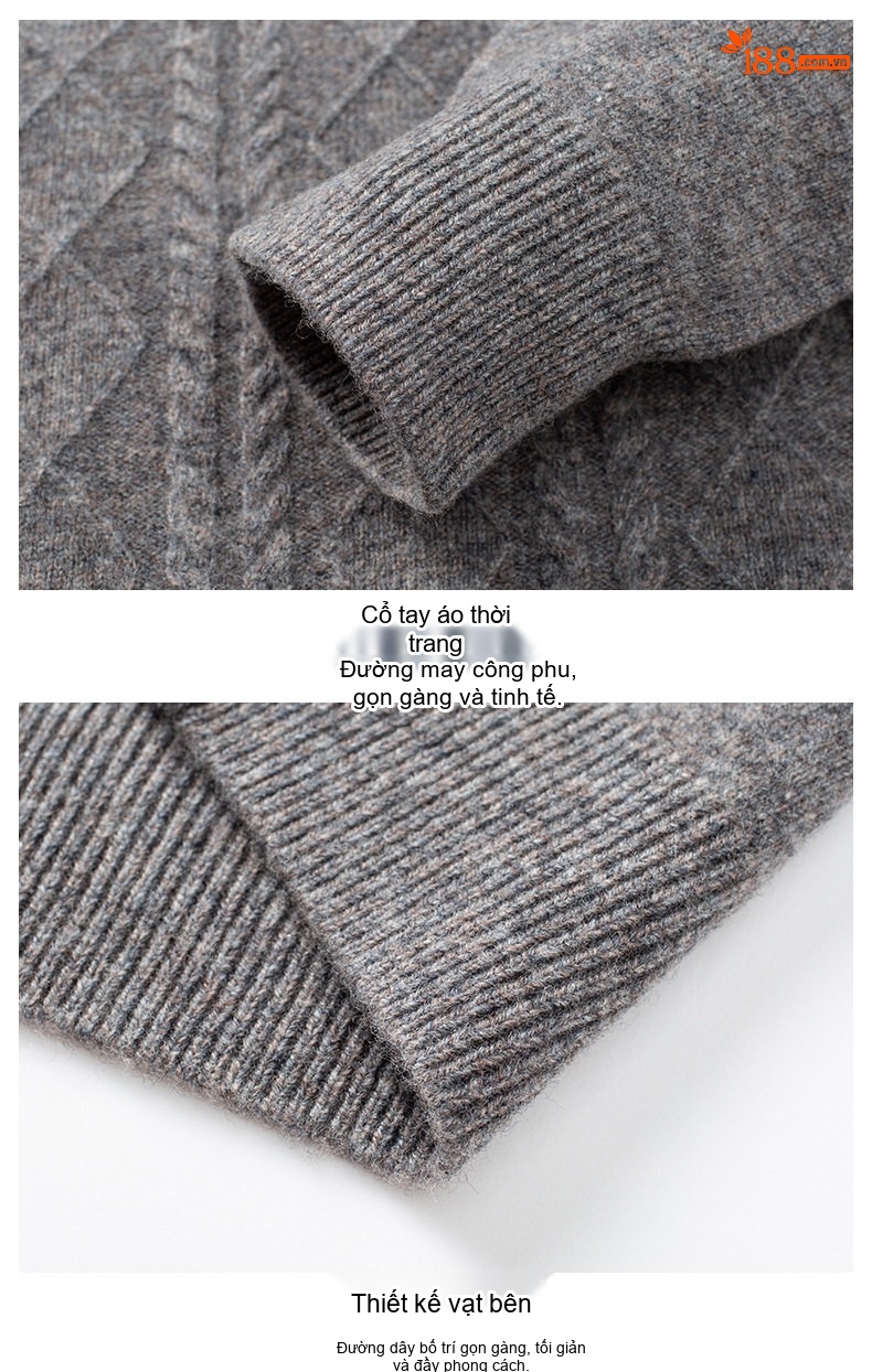 Áo Len Nam 100% Lông Cừu Cashmere Dệt Kim Cổ Bán Tròn Họa Tiết Màu Nâu, Xám, Xanh Đen... chi tiết 20